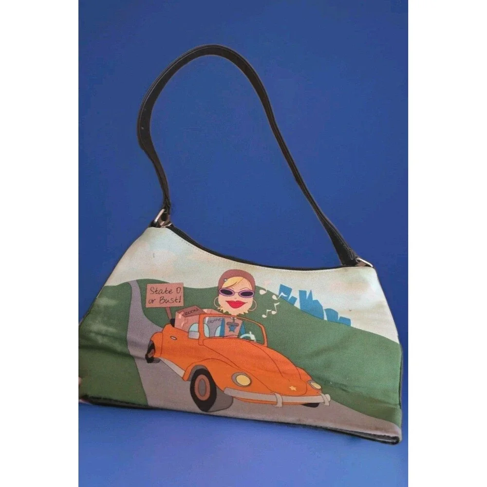 Whimsical Beaded Canvas Handbag - Retro Orange Car